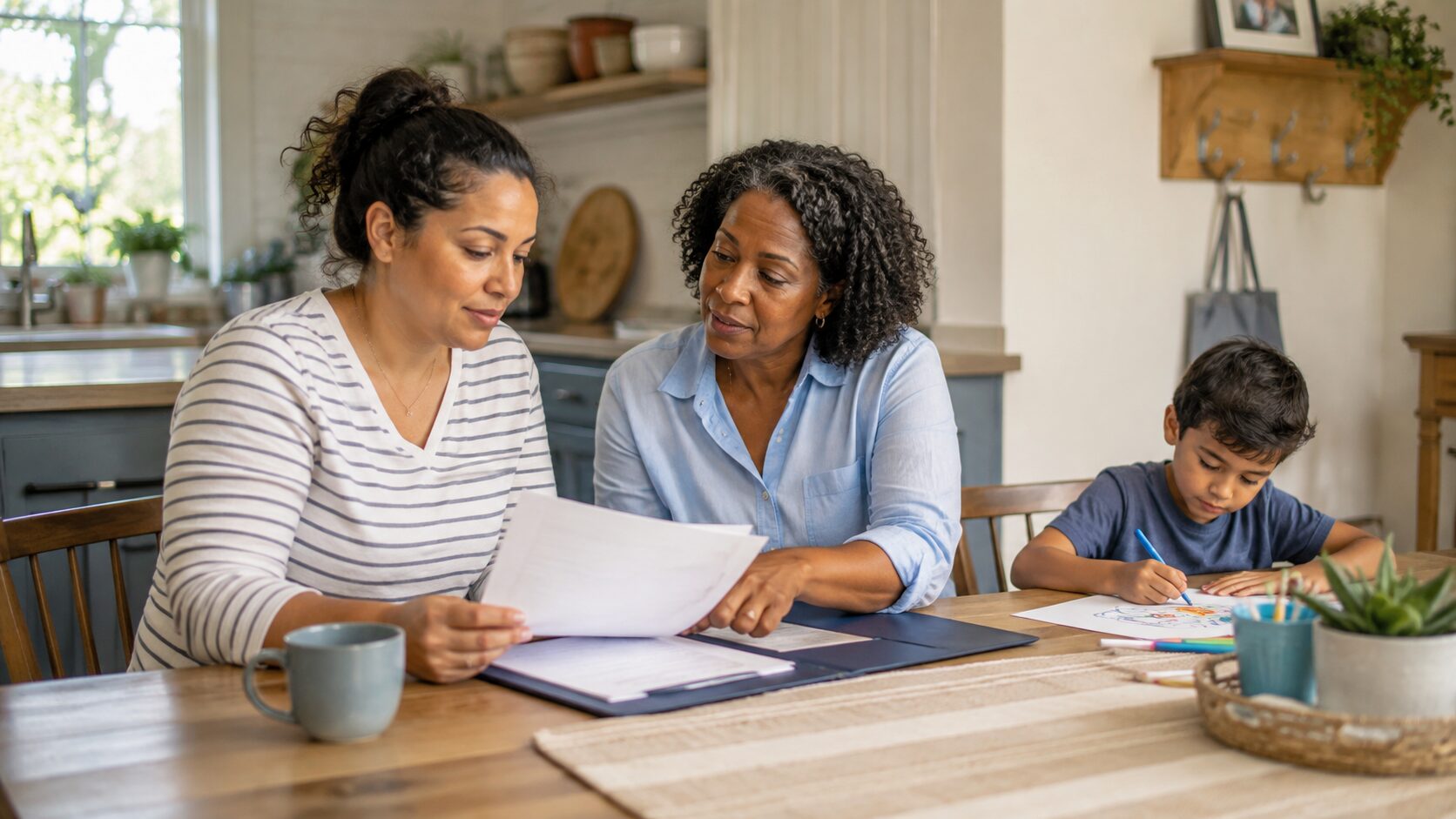 A parent and trusted caregiver discussing a child's emergency plan