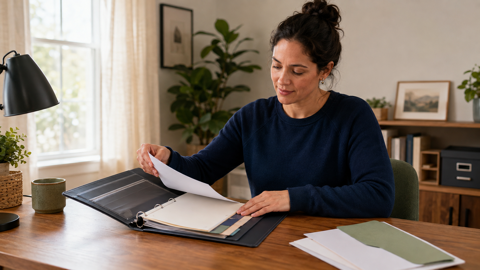 A single parent calmly organizing essential family documents in a secure binder