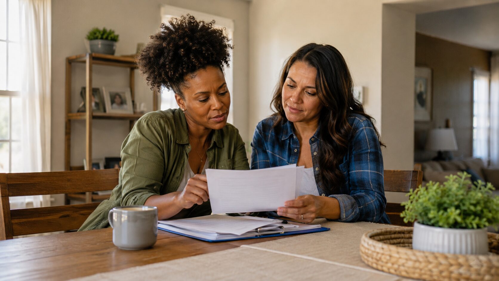 A single parent and trusted adult calmly reviewing an emergency childcare plan