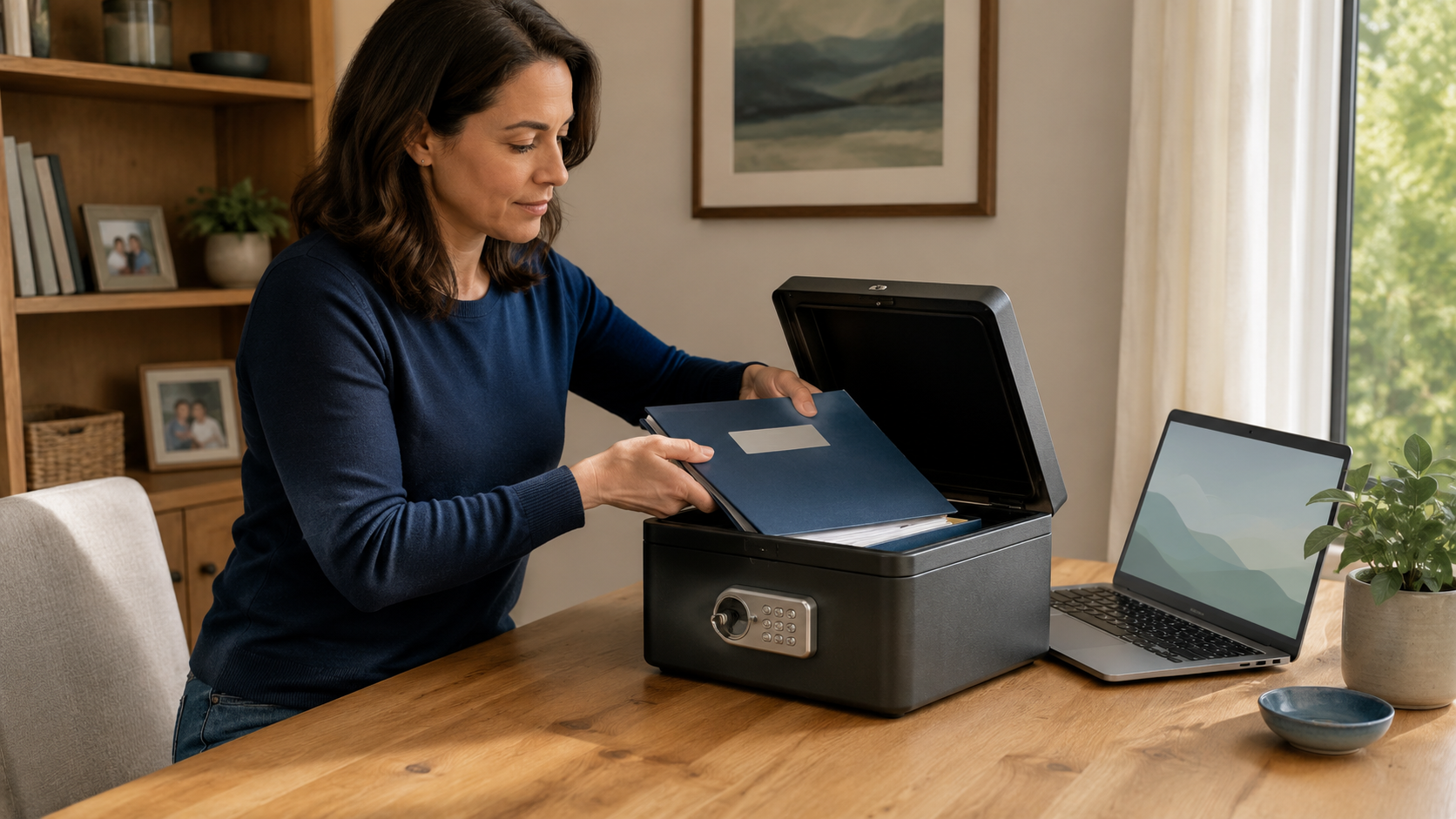 A parent placing protected family documents into secure home storage